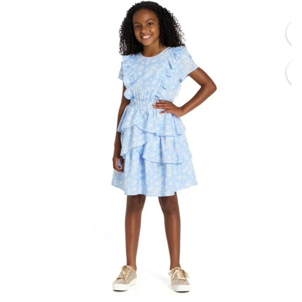 Scotch & Soda Woven Dress Girls L Blue Floral Ruffle Tiered Skirt Short Sleeve